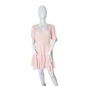 Lauren Conrad Wrap Dress Medium Pink Ruffle Hem Tie Cuff Sleeve Seersucker Dress